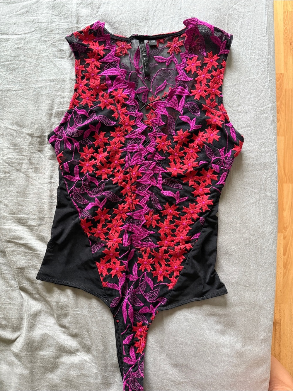 Guess Black Bodysuit with Red and Purple Floral Lace